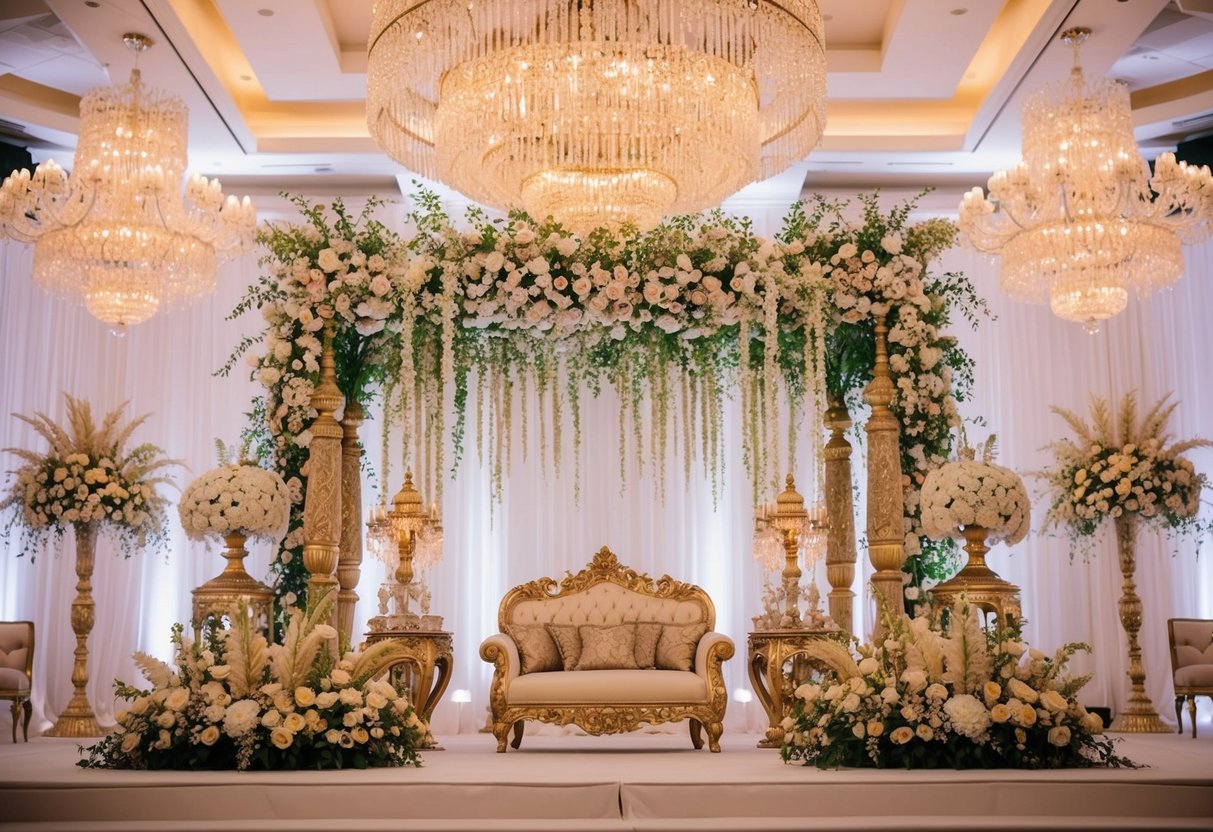 A lavish Indian wedding with ornate decorations, extravagant floral arrangements, and opulent lighting