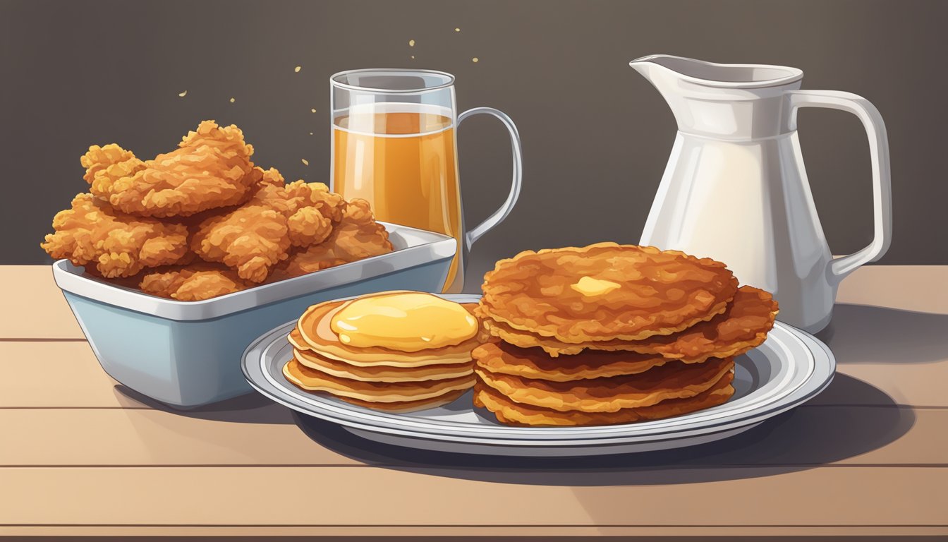 A plate of golden brown fried chicken sits next to a stack of fluffy pancakes, a dollop of butter melting on top. A pitcher of maple syrup and a side of crispy bacon complete the classic American breakfast spread