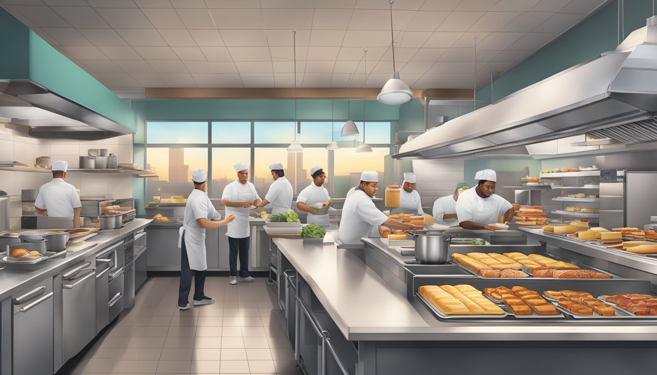 A bustling Wendy's restaurant kitchen at dawn, with chefs prepping fresh breakfast ingredients and assembling sandwiches for the launch of their new breakfast menu