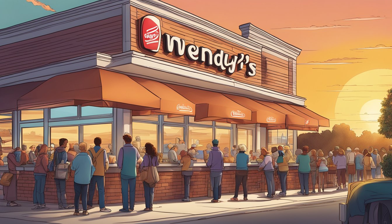 A sunrise over a Wendy's restaurant with a breakfast menu displayed, while a line of customers eagerly waits outside