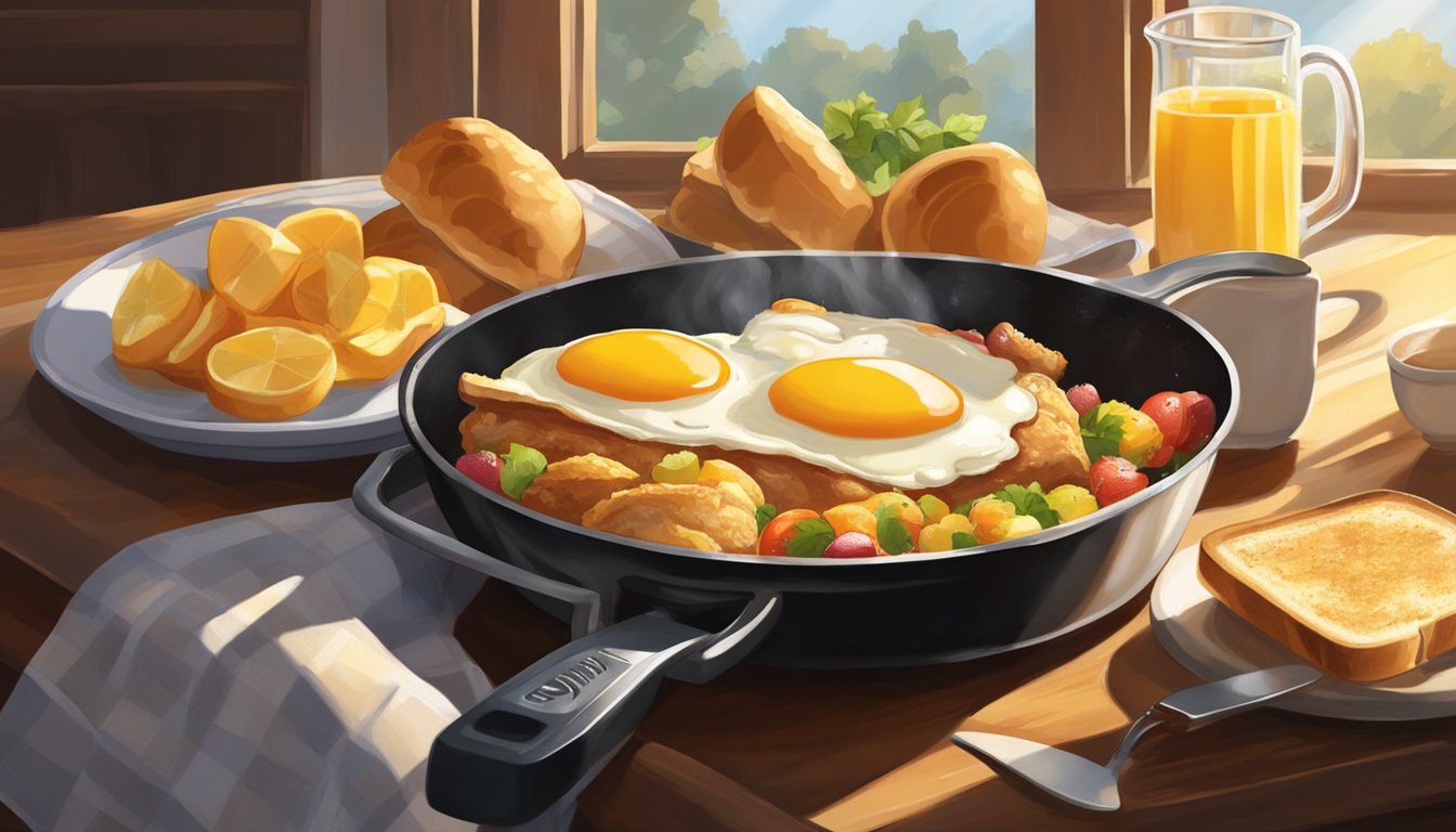 A sizzling skillet of chicken and eggs, surrounded by toast and fruit, sits on a rustic wooden table. Sunlight streams through a window, casting a warm glow on the American breakfast spread