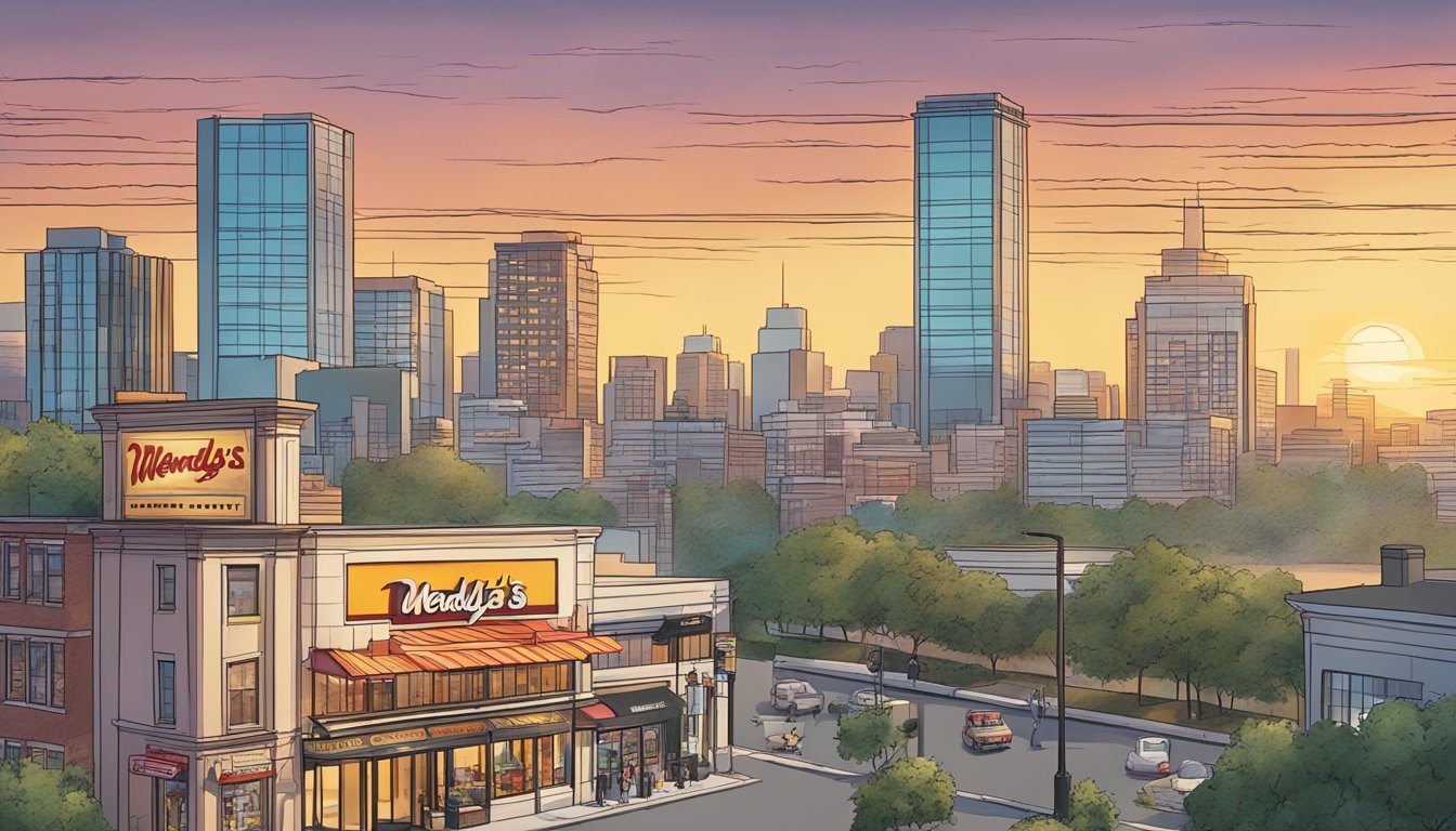 A sunrise over a bustling city skyline, with a Wendy's restaurant prominently featured and a breakfast menu displayed