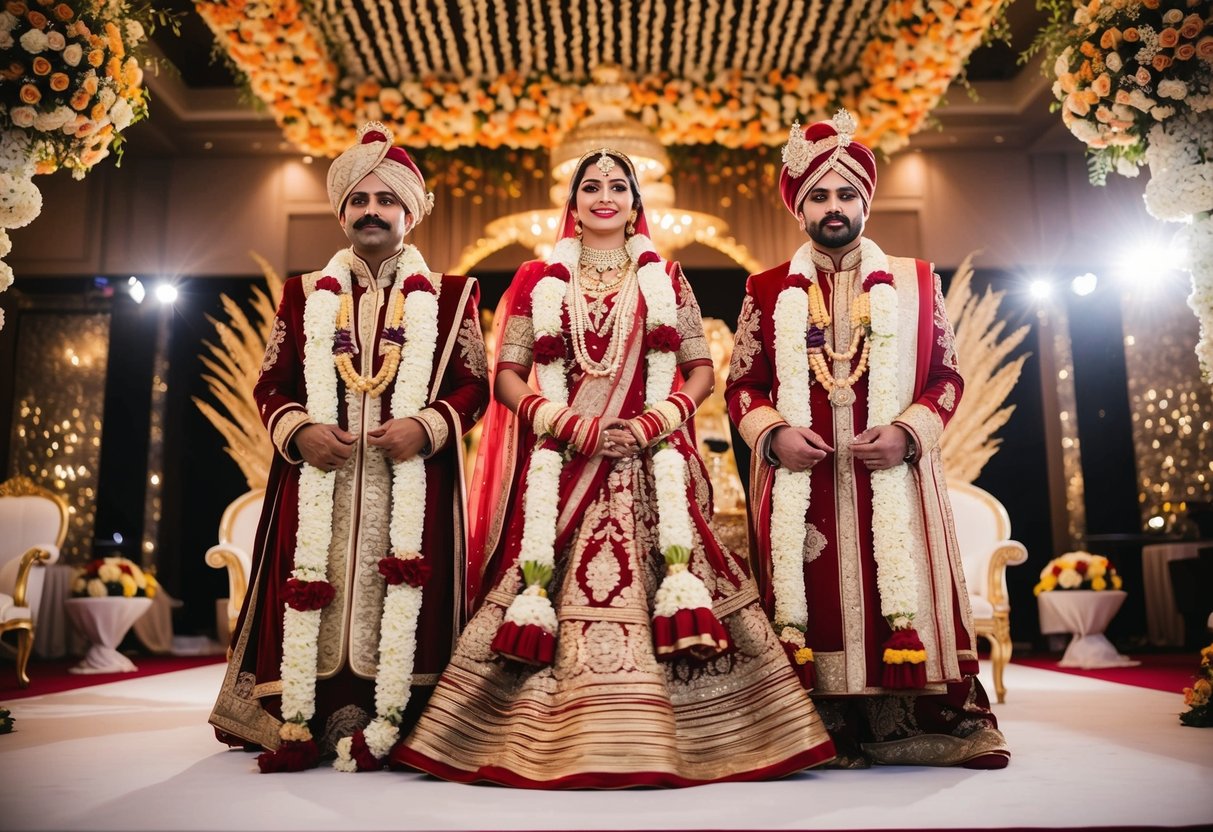 A grand, opulent Indian wedding with ornate floral decorations, lavish gold and red accents, and extravagant traditional attire