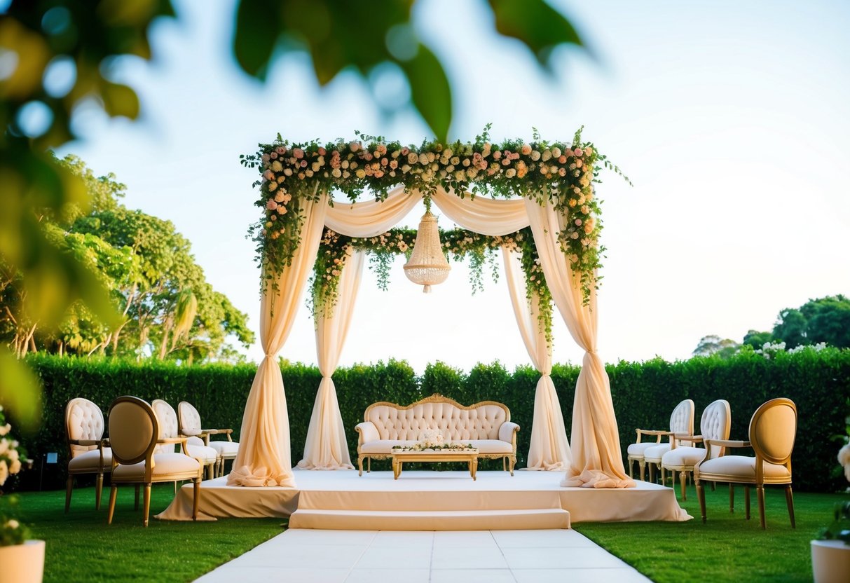 A traditional mandap set up in a lush garden with floral decorations and intricate drapery, surrounded by soft lighting and elegant seating