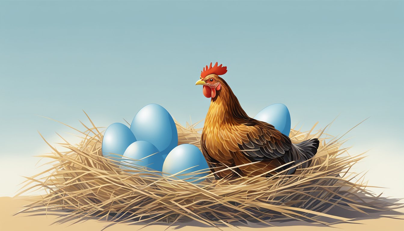 A hen laying a fresh egg in a nest of straw, with a clear blue sky in the background