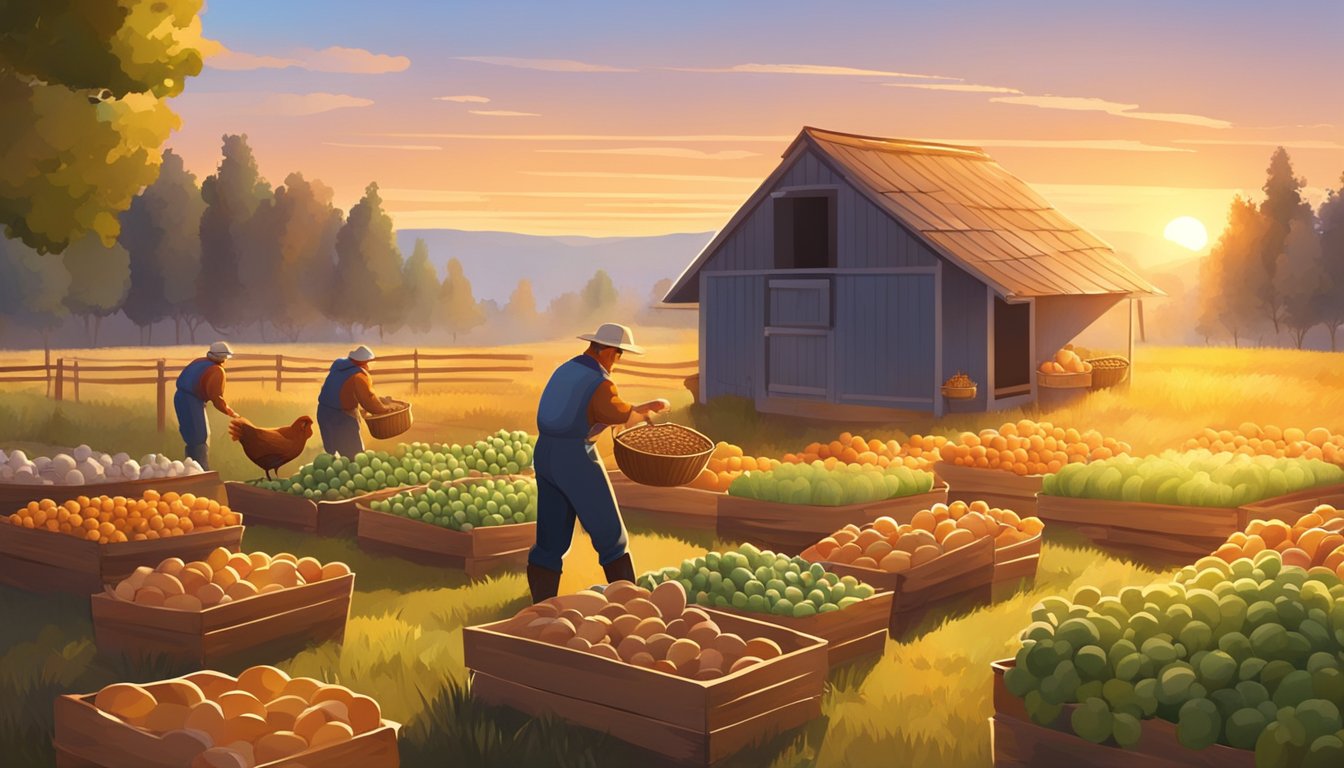 A farmer harvesting fresh eggs from a chicken coop at sunrise. Nearby, workers gather baskets of freshly picked fruits and vegetables from the fields