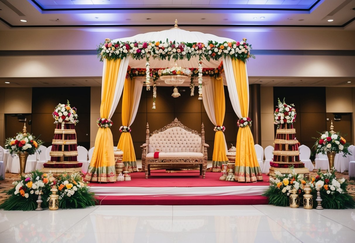 A traditional Indian mandap set up in a spacious indoor venue with ornate decorations and colorful drapes, surrounded by floral arrangements and ceremonial items