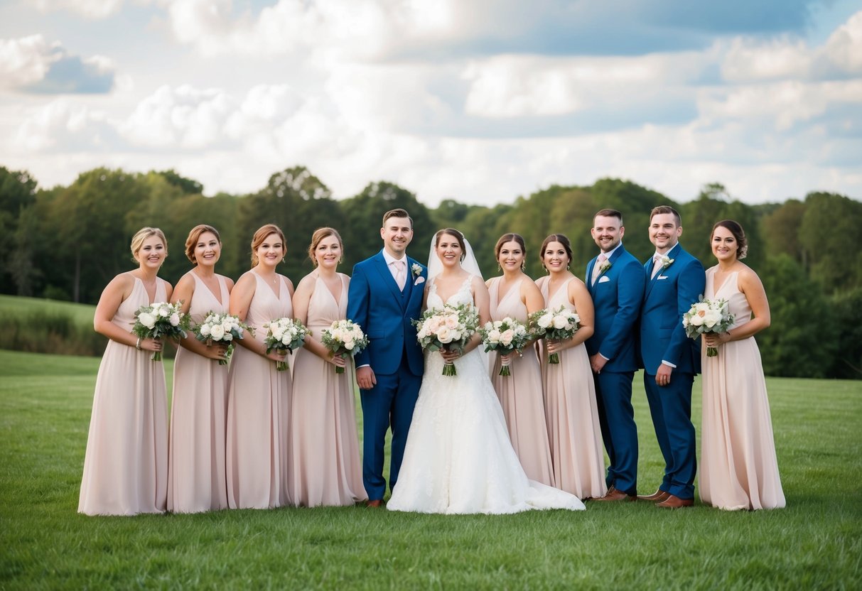 A bride and groom standing in the center, surrounded by six bridesmaids and six groomsmen, all smiling and holding bouquets and boutonnieres