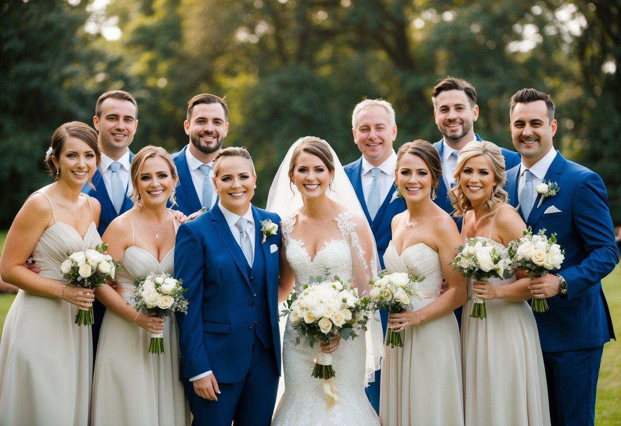 A bride surrounded by a small group of close friends and family, all dressed in matching attire, standing together in celebration
