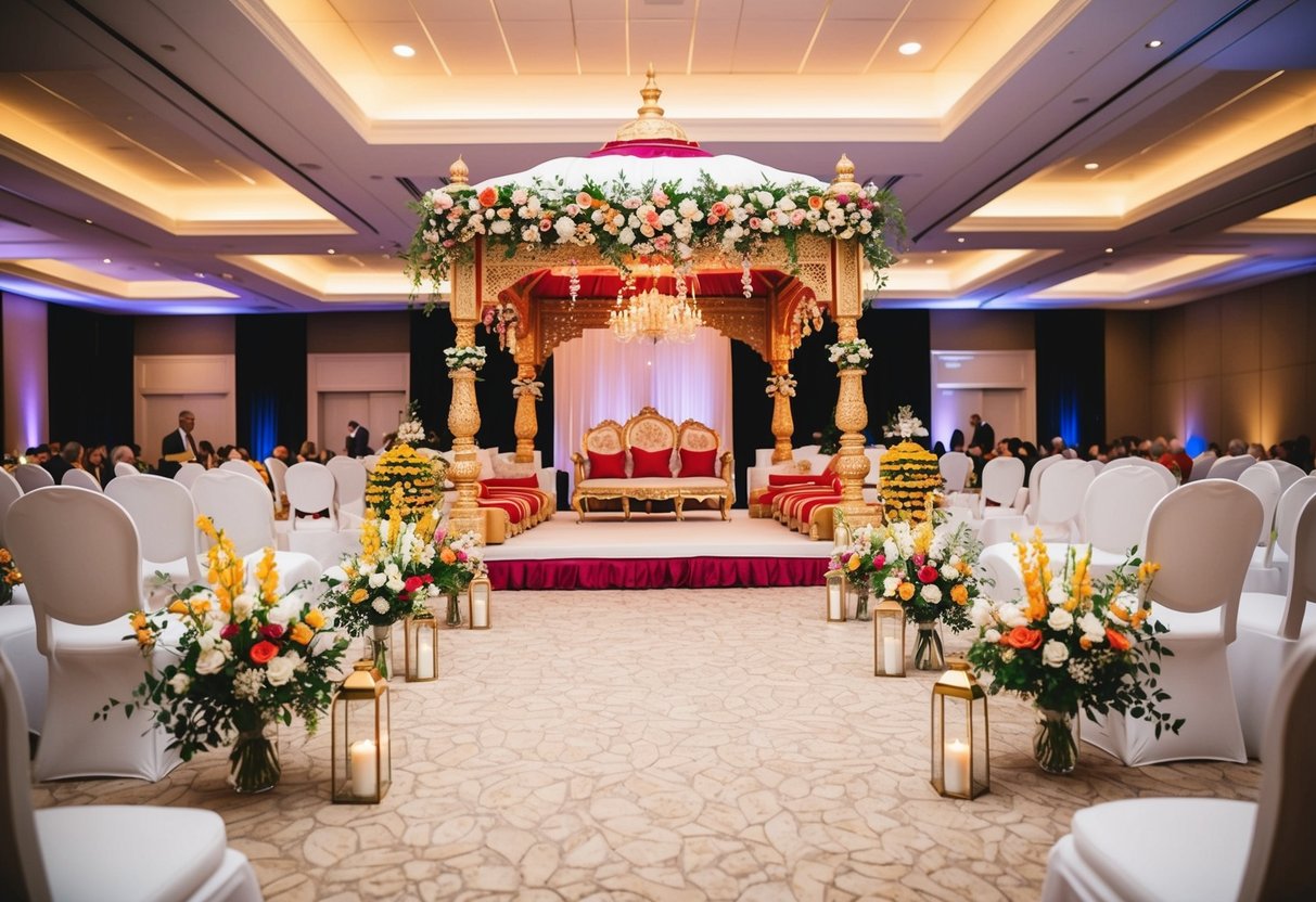 A traditional mandap set up in a spacious indoor venue with ornate decorations and vibrant floral arrangements, surrounded by elegant seating for guests