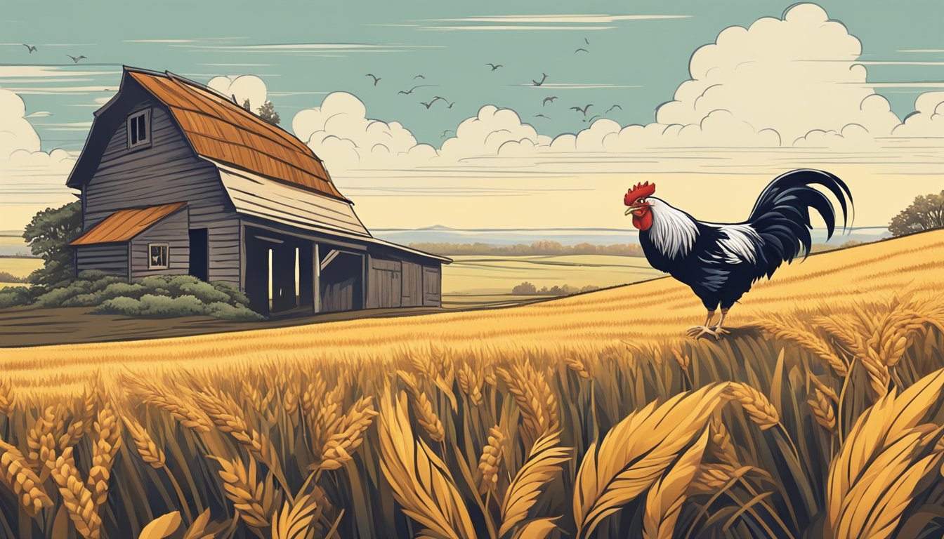 A farm scene with a rooster crowing, a cow grazing, and a field of wheat swaying in the breeze