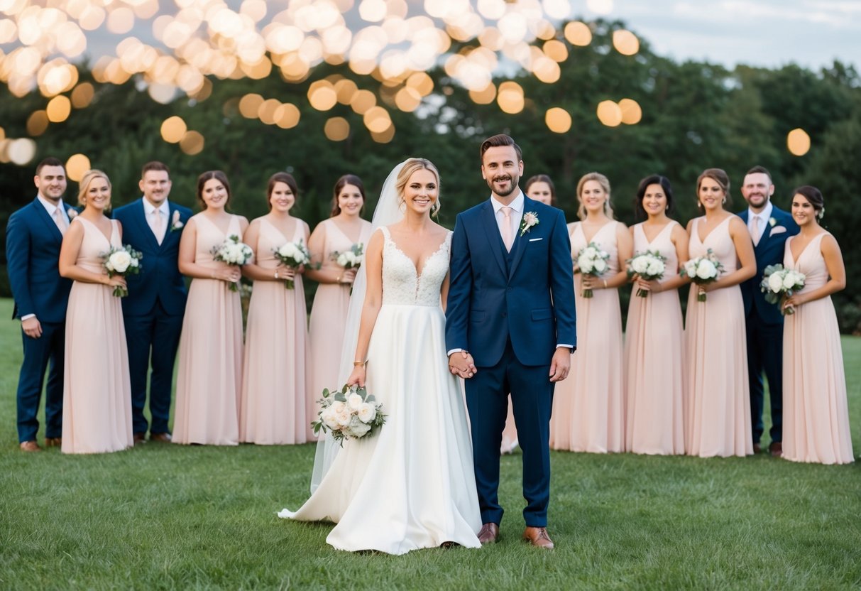 A bride and groom stand in the center surrounded by bridesmaids and groomsmen, creating a balanced and harmonious composition