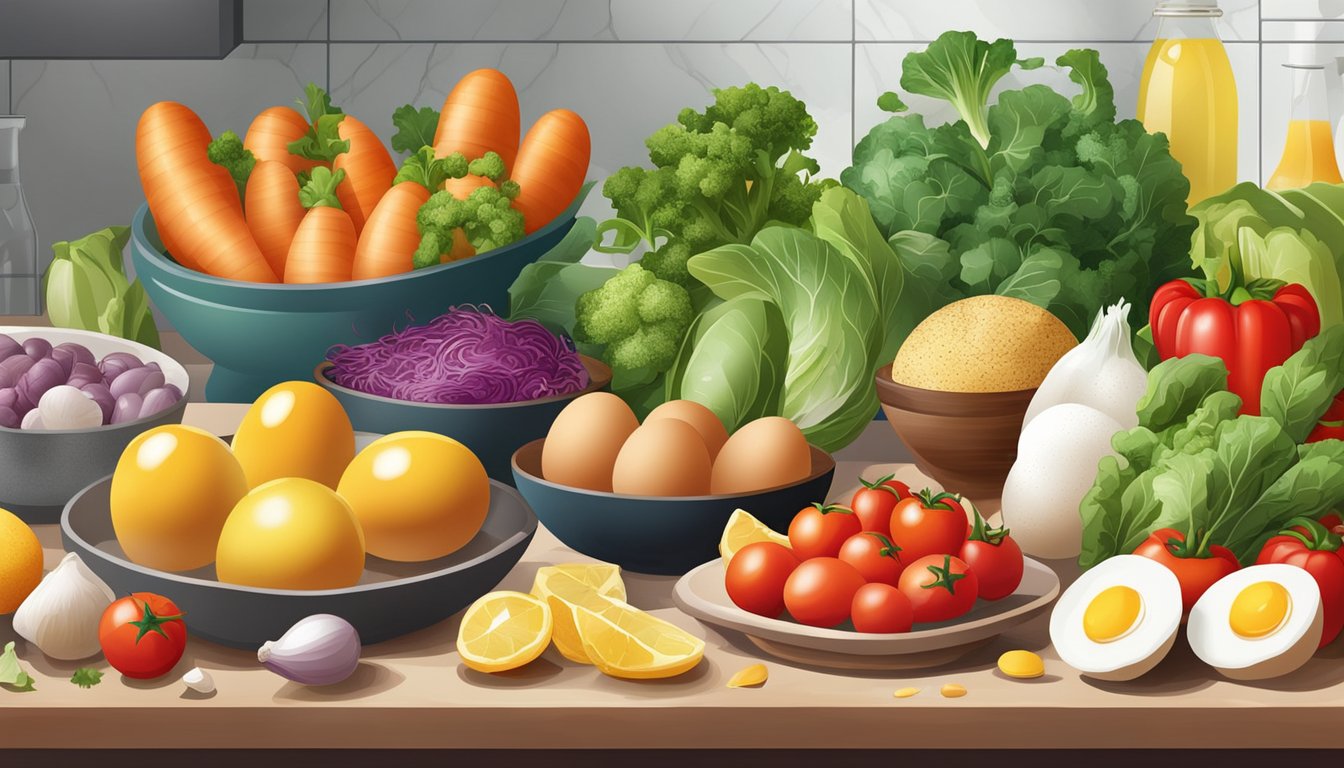 A colorful array of fresh ingredients, including vibrant vegetables and golden, cracked eggs, displayed on a clean, modern countertop