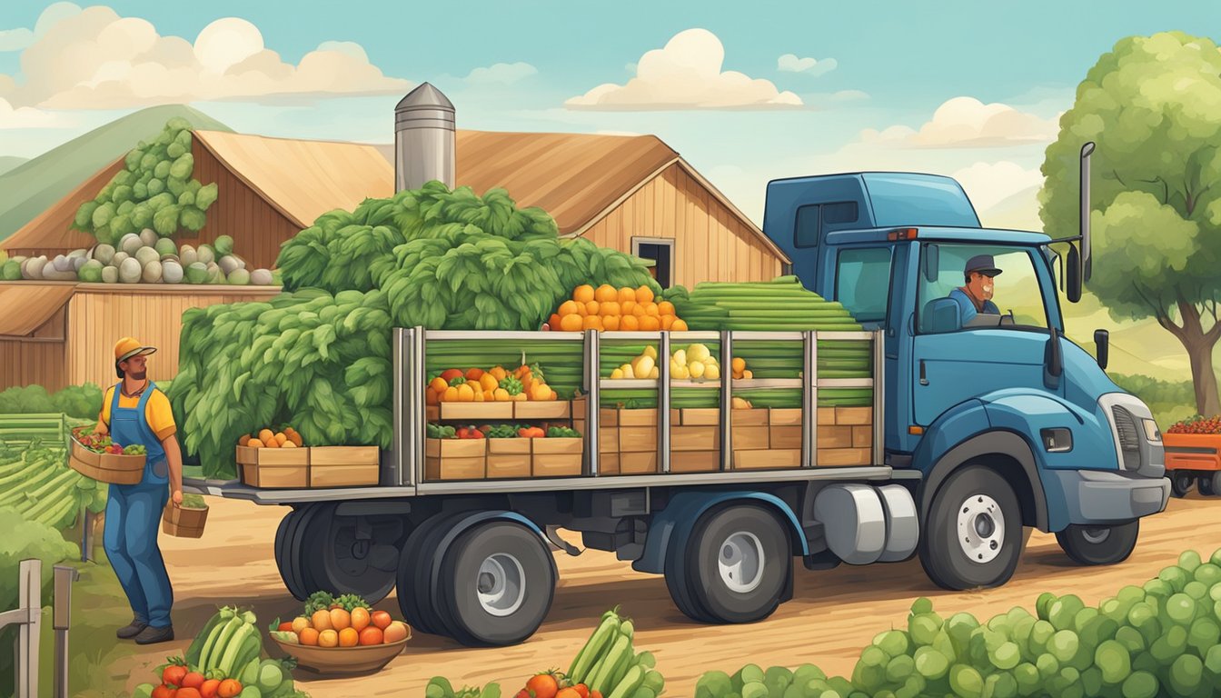 A farm scene with a variety of fresh fruits, vegetables, and eggs being harvested and loaded onto a truck for delivery