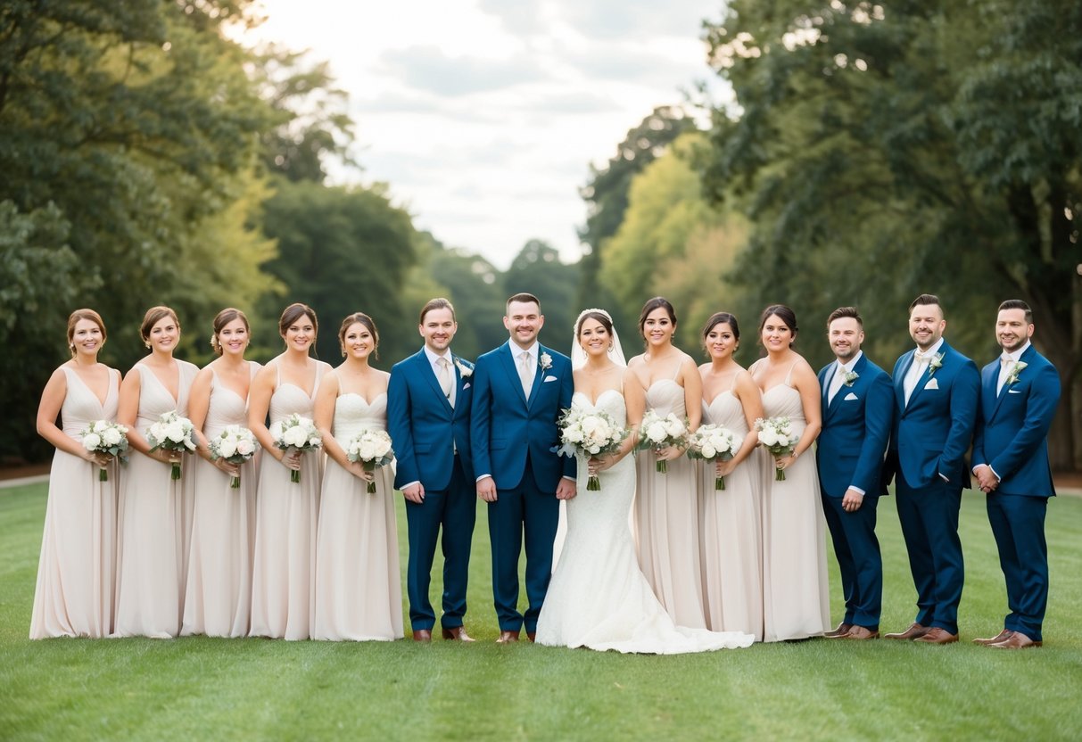 A group of six bridesmaids and six groomsmen standing in a line, with the bride and groom in the center, all dressed in elegant wedding attire