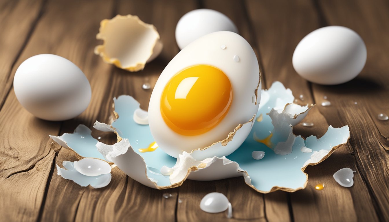 A cracked egg with a golden yolk sits on a rustic wooden surface, surrounded by scattered eggshells and a few drops of egg white