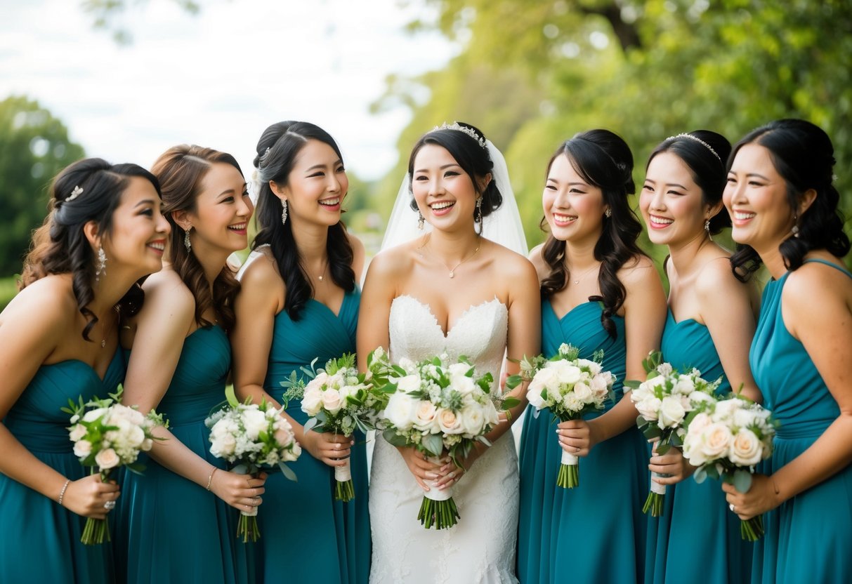 A bride surrounded by a small group of close friends, each holding a bouquet, smiling and laughing together in a beautiful outdoor setting