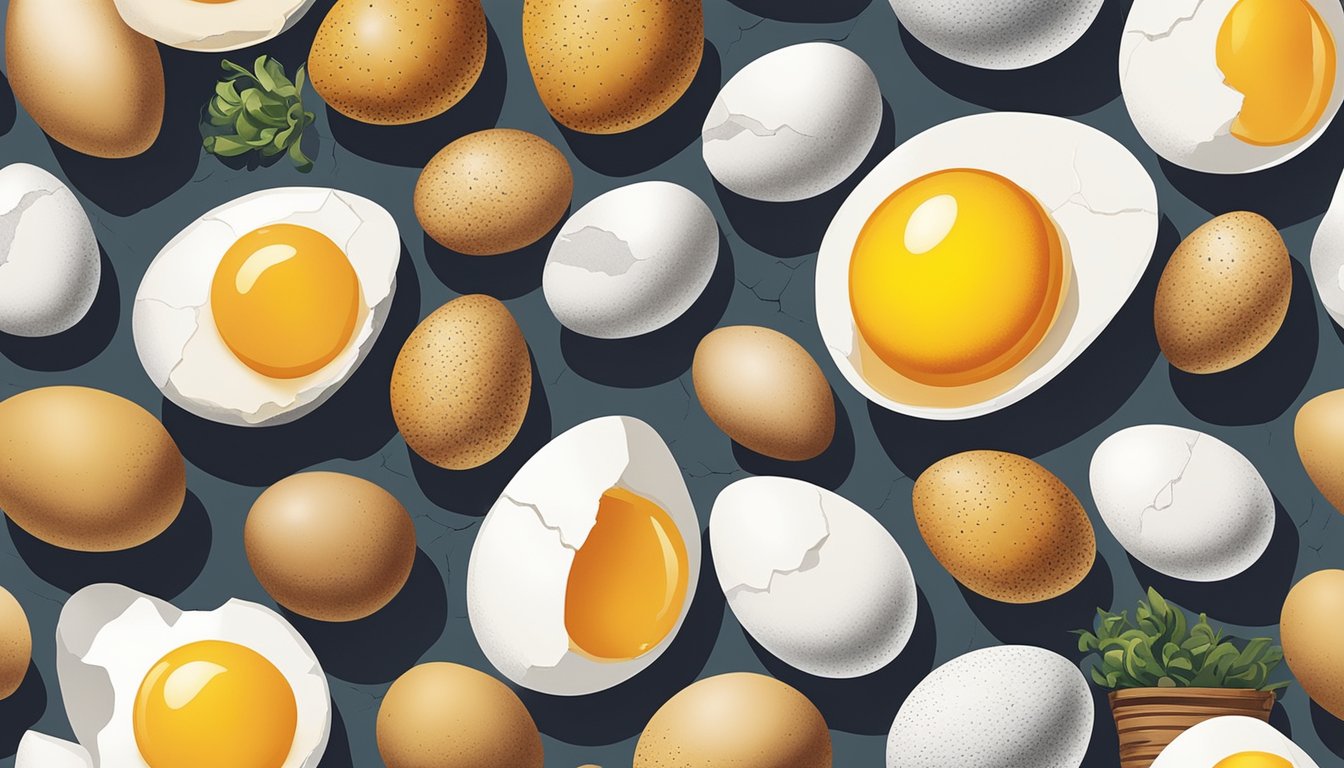 A close-up of a cracked egg with a vibrant yolk, surrounded by a variety of other cracked eggs, set against a backdrop of a bustling farmer's market