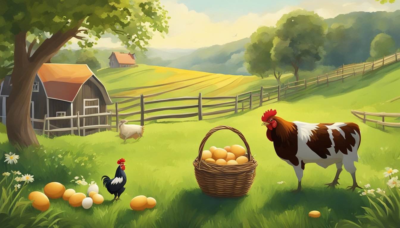 A sunny farm scene with a rooster crowing, fresh eggs in a basket, and a cow grazing in a green pasture