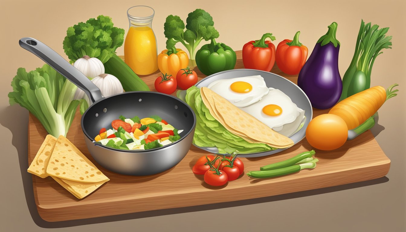 A wooden cutting board holds a colorful array of fresh vegetables, eggs, cheese, and tortillas. A skillet sizzles on the stove as a chef expertly prepares the ingredients for a breakfast burrito