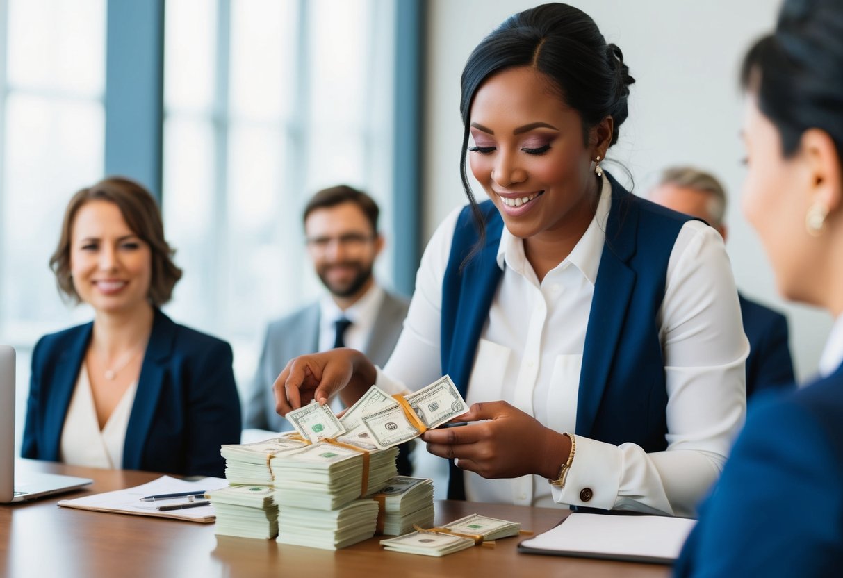 A wedding coordinator counting a stack of money with a satisfied expression on their face