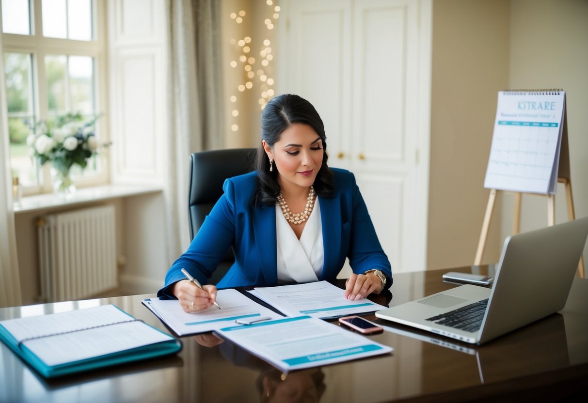 A wedding coordinator sits at a desk, reviewing contracts and budgets. A calendar and laptop are open, with a phone nearby