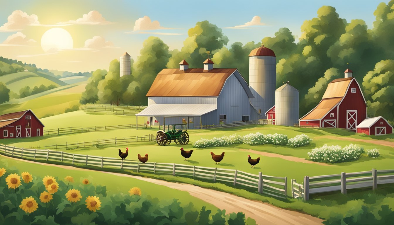 A sunny farm with rolling green fields and a quaint barn, where chickens roam freely and fresh produce is harvested for Chick-fil-A's breakfast ingredients