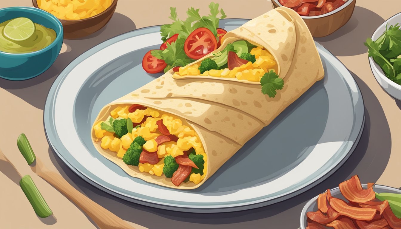 A chef carefully folds a warm tortilla around scrambled eggs, crispy bacon, and a medley of colorful vegetables, creating the perfect breakfast burrito