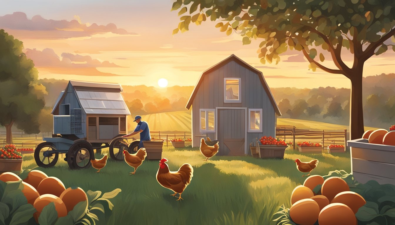 A farmer harvesting fresh eggs from a chicken coop as the sun rises, while a worker picks ripe tomatoes from a garden for Chick-fil-A's breakfast ingredients