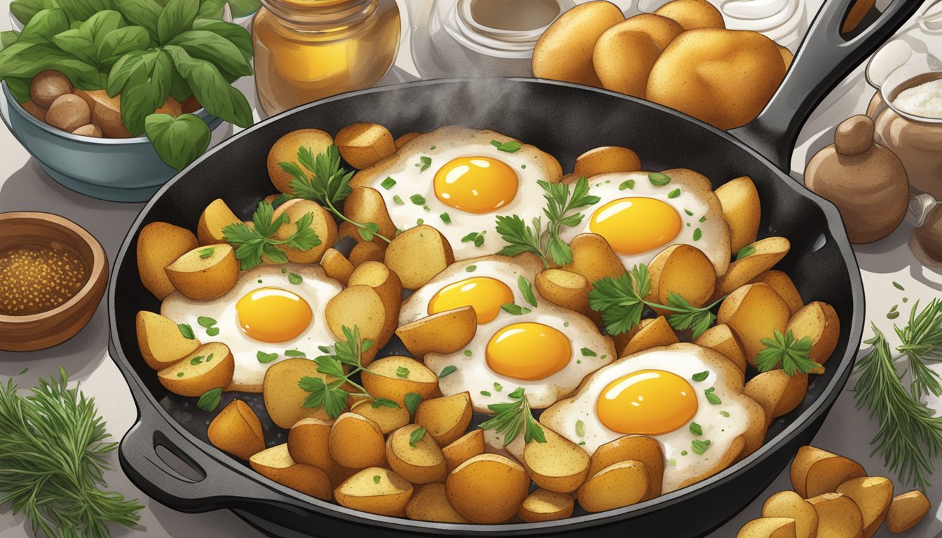 A sizzling skillet of golden brown breakfast potatoes surrounded by herbs and seasonings, emanating a mouthwatering aroma