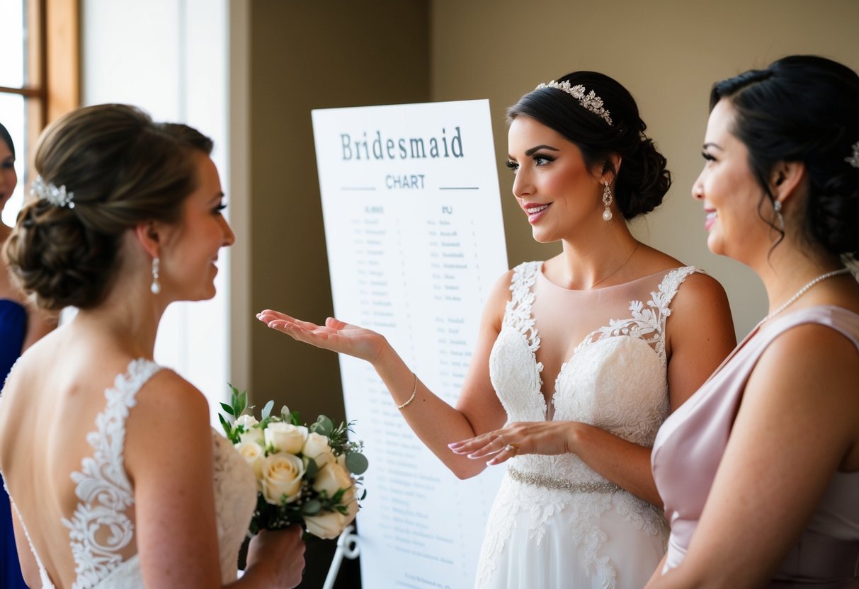 A bride talking to a bridesmaid, gesturing to a seating chart with only the bridesmaid's name on it