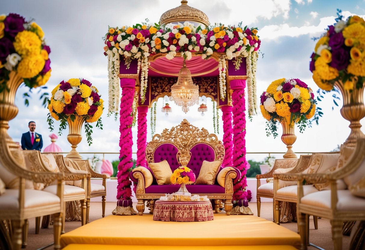 A lavish desi wedding in the UK, with vibrant decor, ornate mandap, and opulent floral arrangements