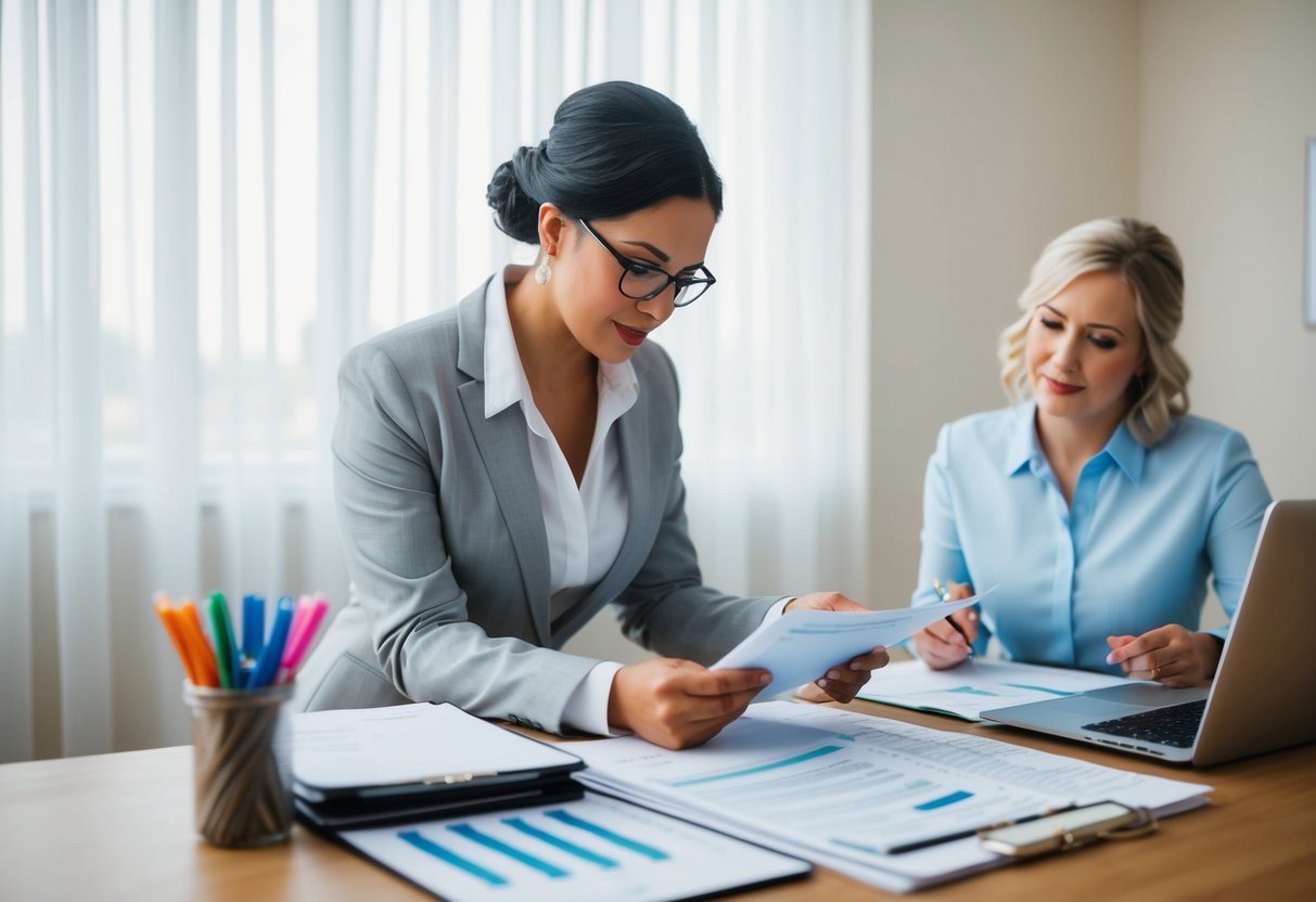 A wedding coordinator reviewing financial documents and spreadsheets