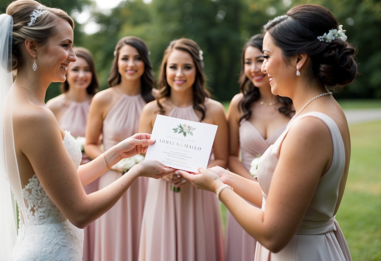 A bride handing a bridesmaid a wedding invitation with no plus one