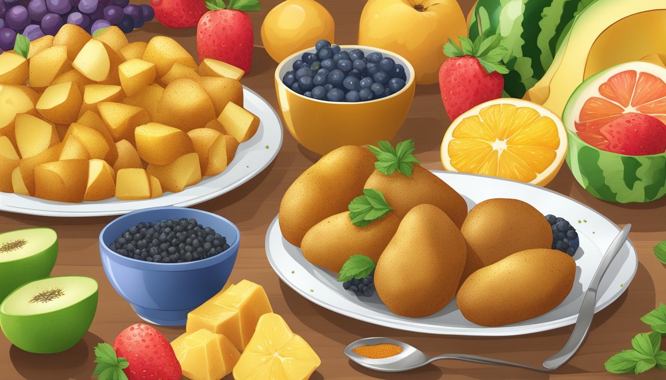 A plate of golden-brown breakfast potatoes with a sprinkle of seasoning, served alongside a colorful array of fresh fruits