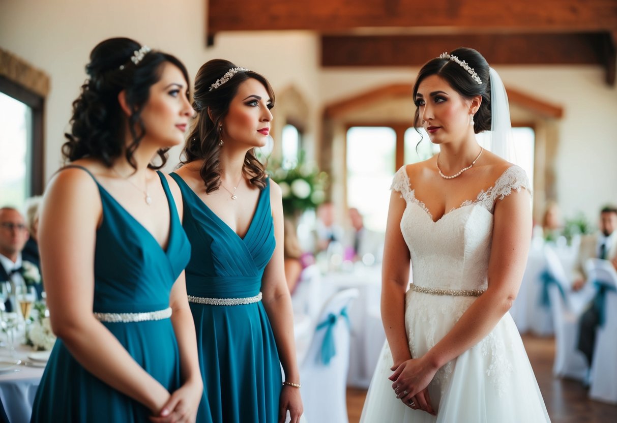 A bridesmaid stands alone at a wedding, looking out of place and uncomfortable without a plus one