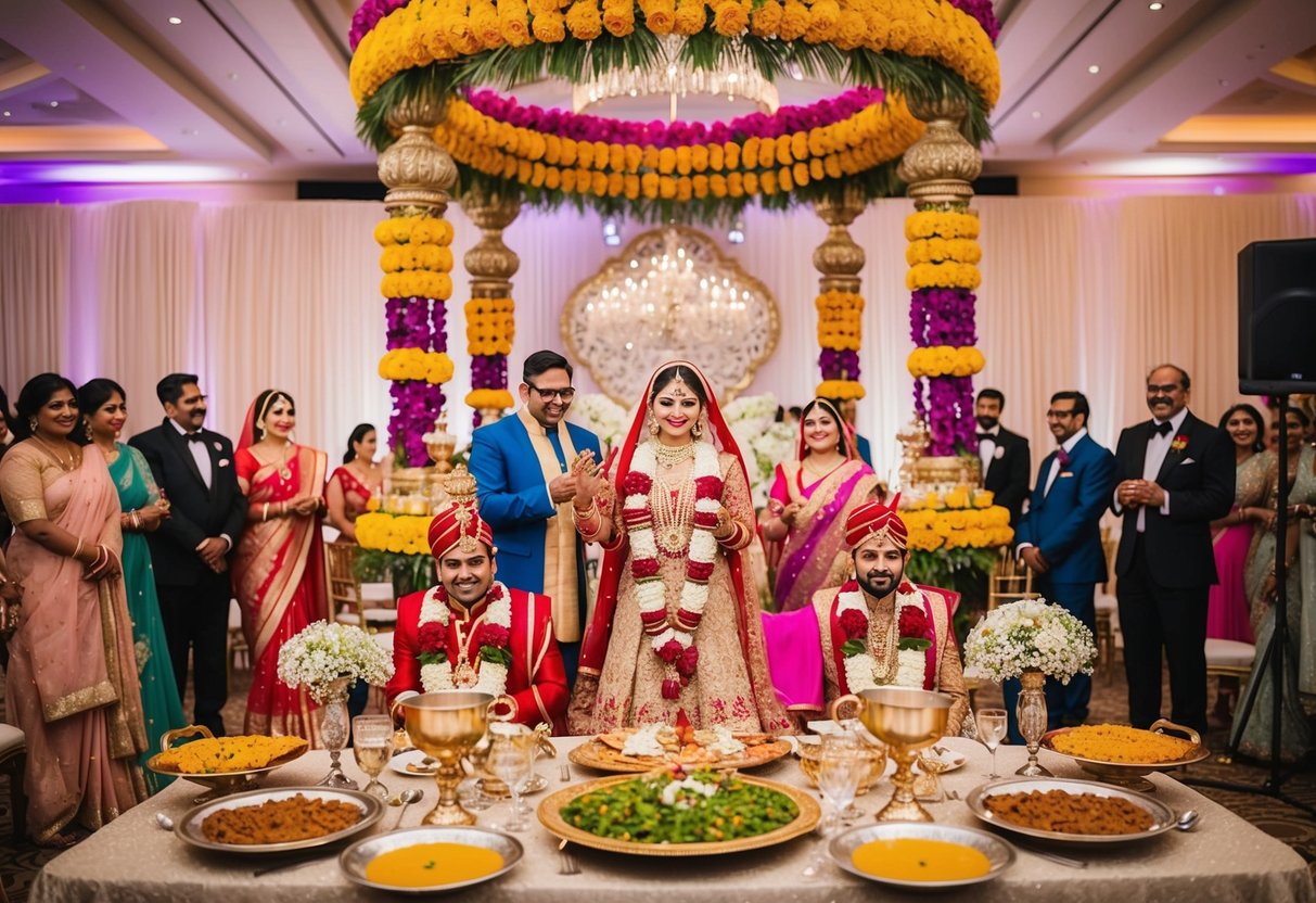 A lavish Indian wedding in the UK, with vibrant decorations, traditional music, and an extravagant feast