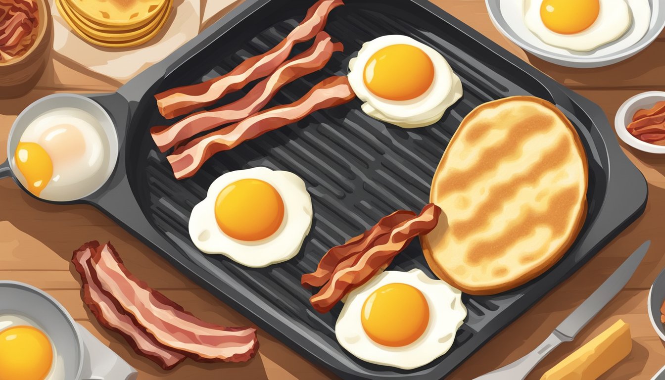 A sizzling hot griddle with bacon, eggs, and cheese, surrounded by a halo of morning light