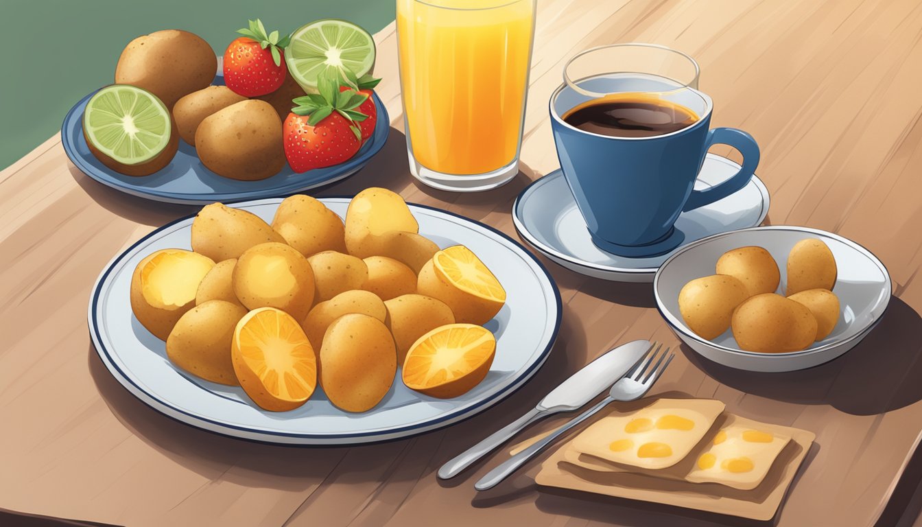 A plate of golden brown breakfast potatoes sits next to a steaming cup of coffee, with a side of fresh fruit and a glass of orange juice