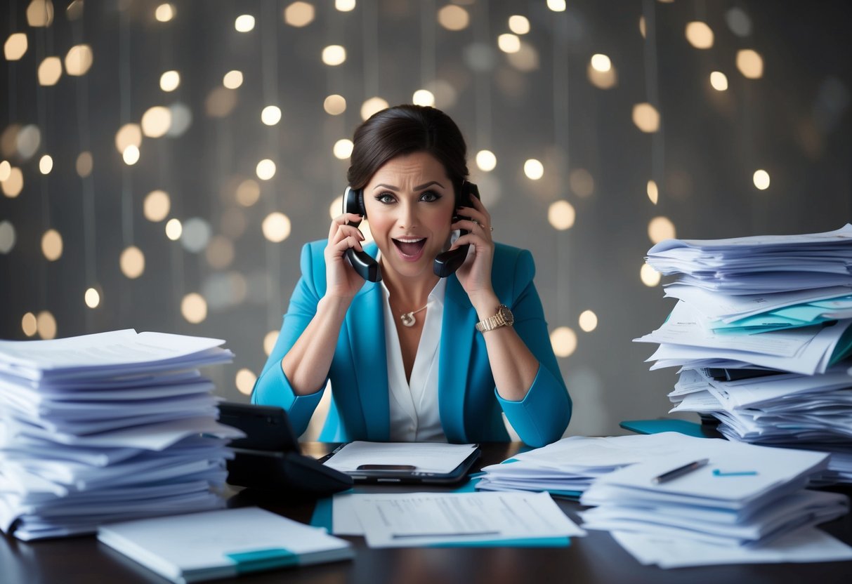 A wedding planner frantically juggles multiple phone calls, emails, and schedules while surrounded by piles of paperwork and a looming deadline