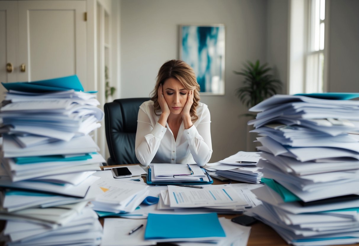 A wedding planner surrounded by piles of paperwork and a cluttered desk, looking stressed and overwhelmed by the amount of work