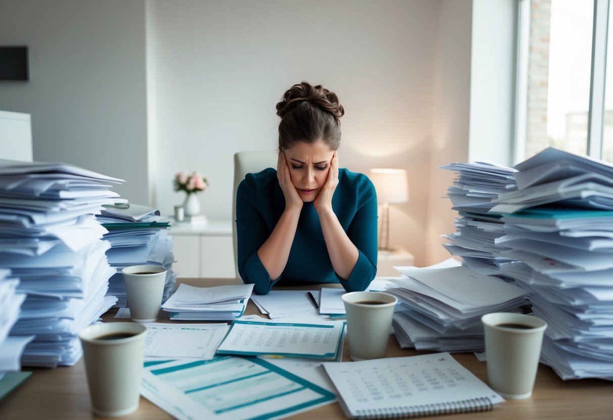 A wedding planner surrounded by piles of paperwork, stressed and overwhelmed. Empty coffee cups and a calendar with deadlines are scattered on the desk