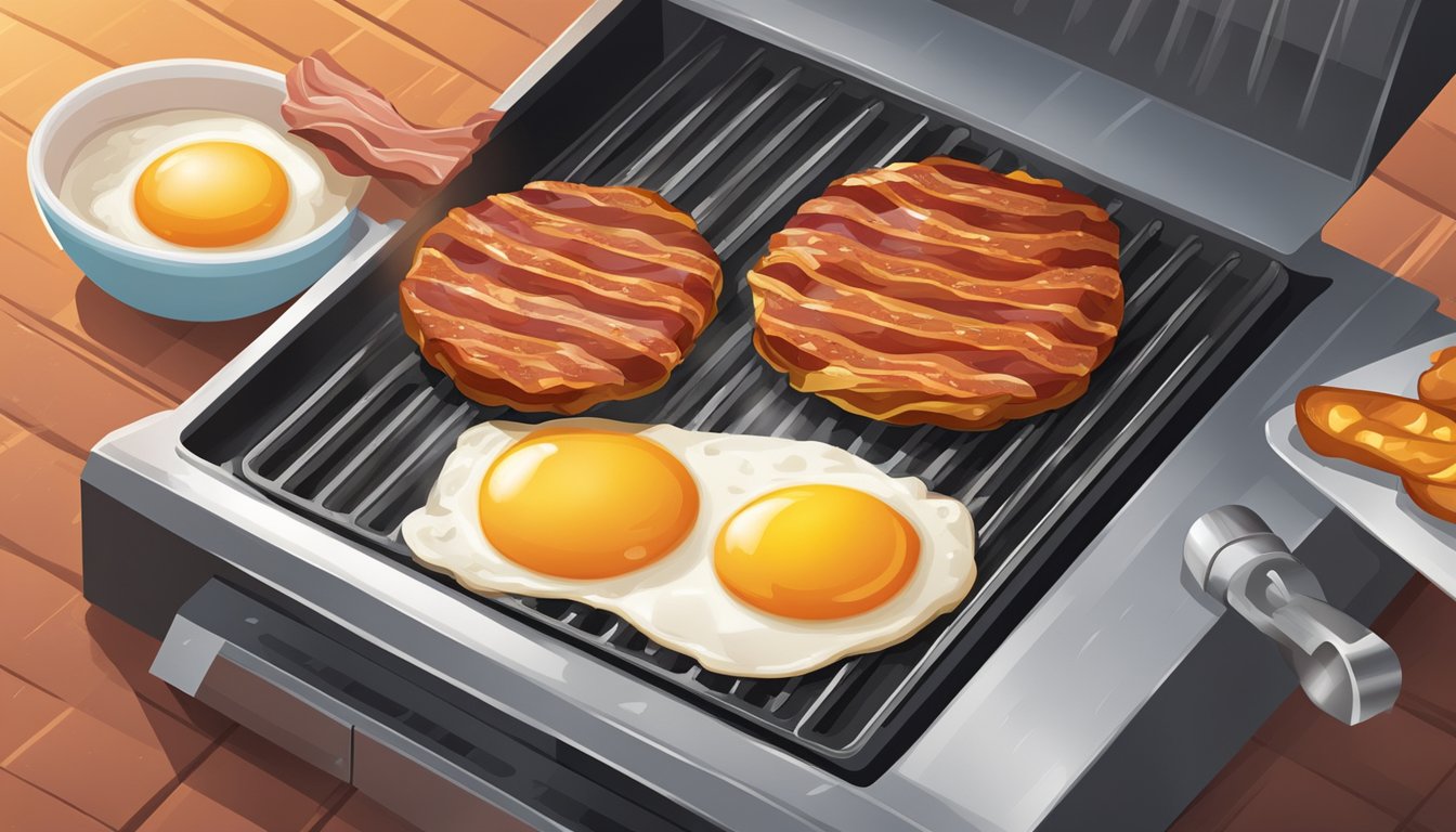 A sizzling bacon patty is being grilled on a hot griddle while a fluffy egg is being cracked open into a sizzling fryer