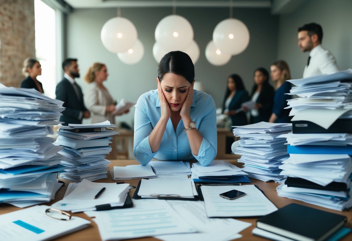 A stressed wedding planner surrounded by piles of paperwork and a chaotic schedule, trying to juggle multiple client demands and last-minute changes