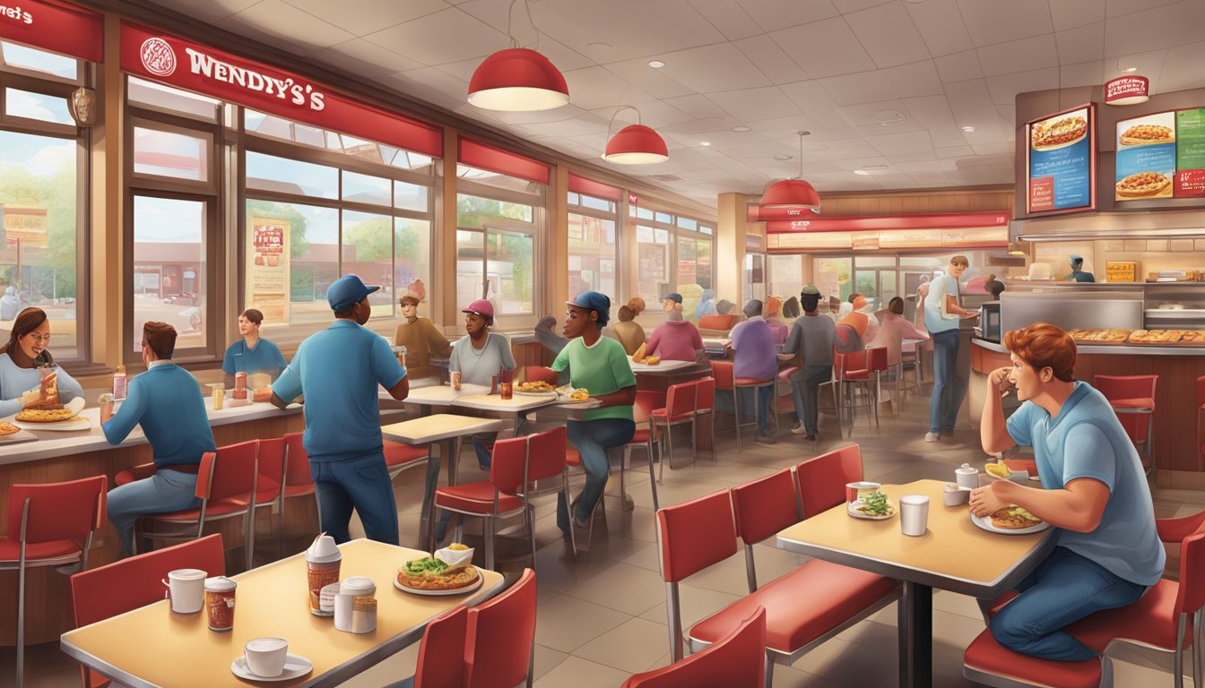 A bustling Wendy's restaurant with breakfast items displayed on the menu board and customers enjoying their meals