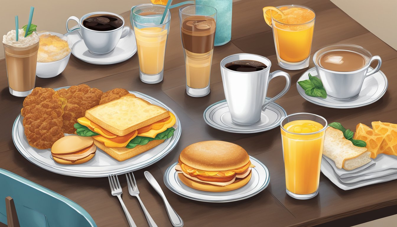 A breakfast table set with a variety of beverages, including coffee, orange juice, and soda, alongside Wendy's breakfast menu items like breakfast sandwiches and hash browns