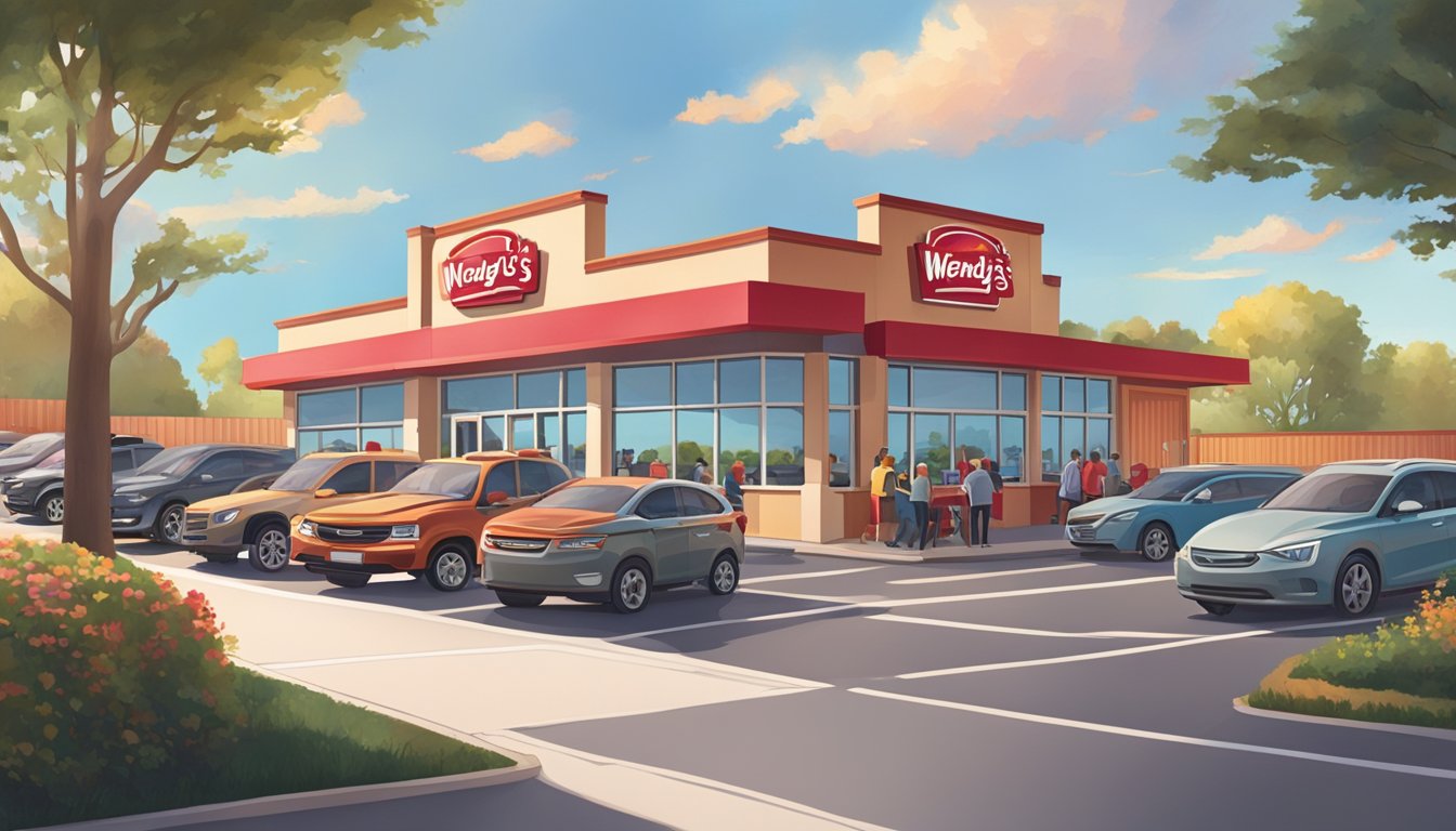 A bustling Wendy's restaurant at sunrise, with a line of cars at the drive-thru and customers enjoying breakfast inside