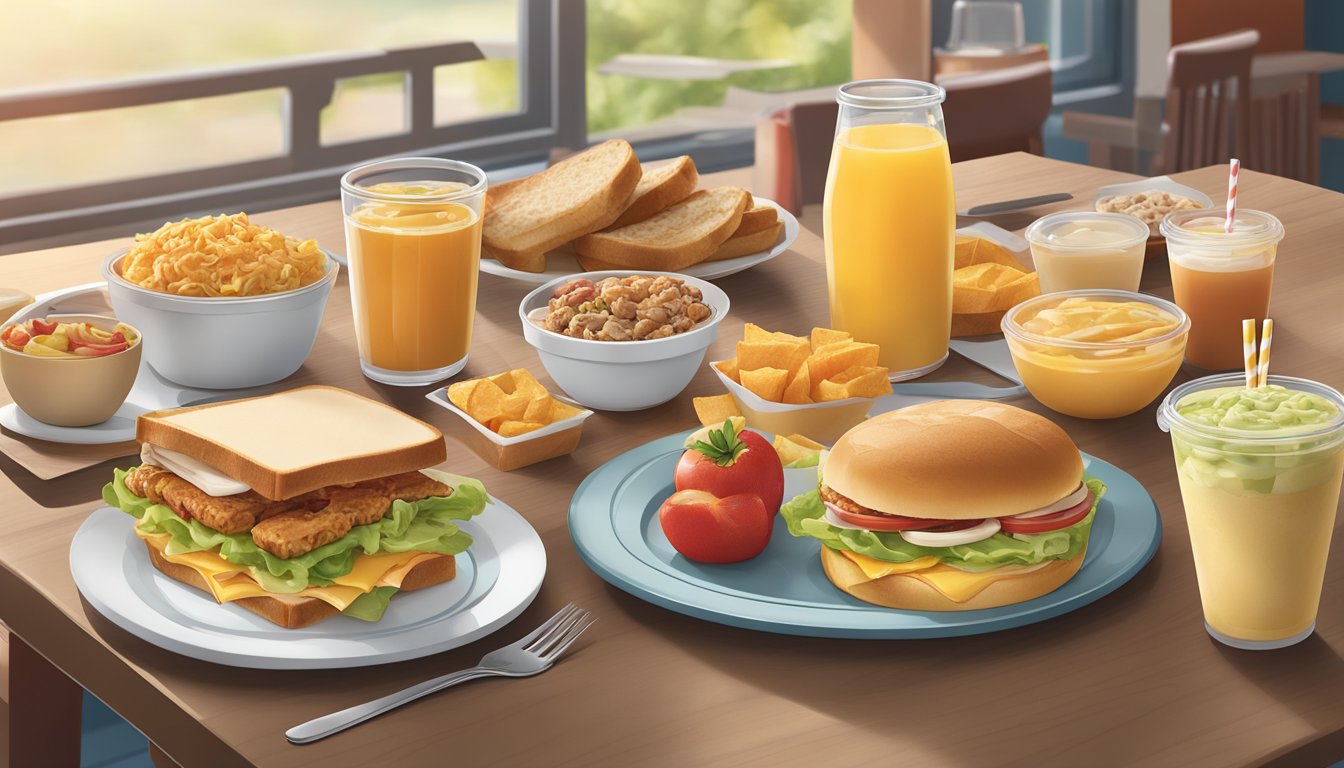 A table spread with various breakfast items from Wendy's, including sandwiches, wraps, and sides, with a focus on nutritional information and calorie counts displayed prominently