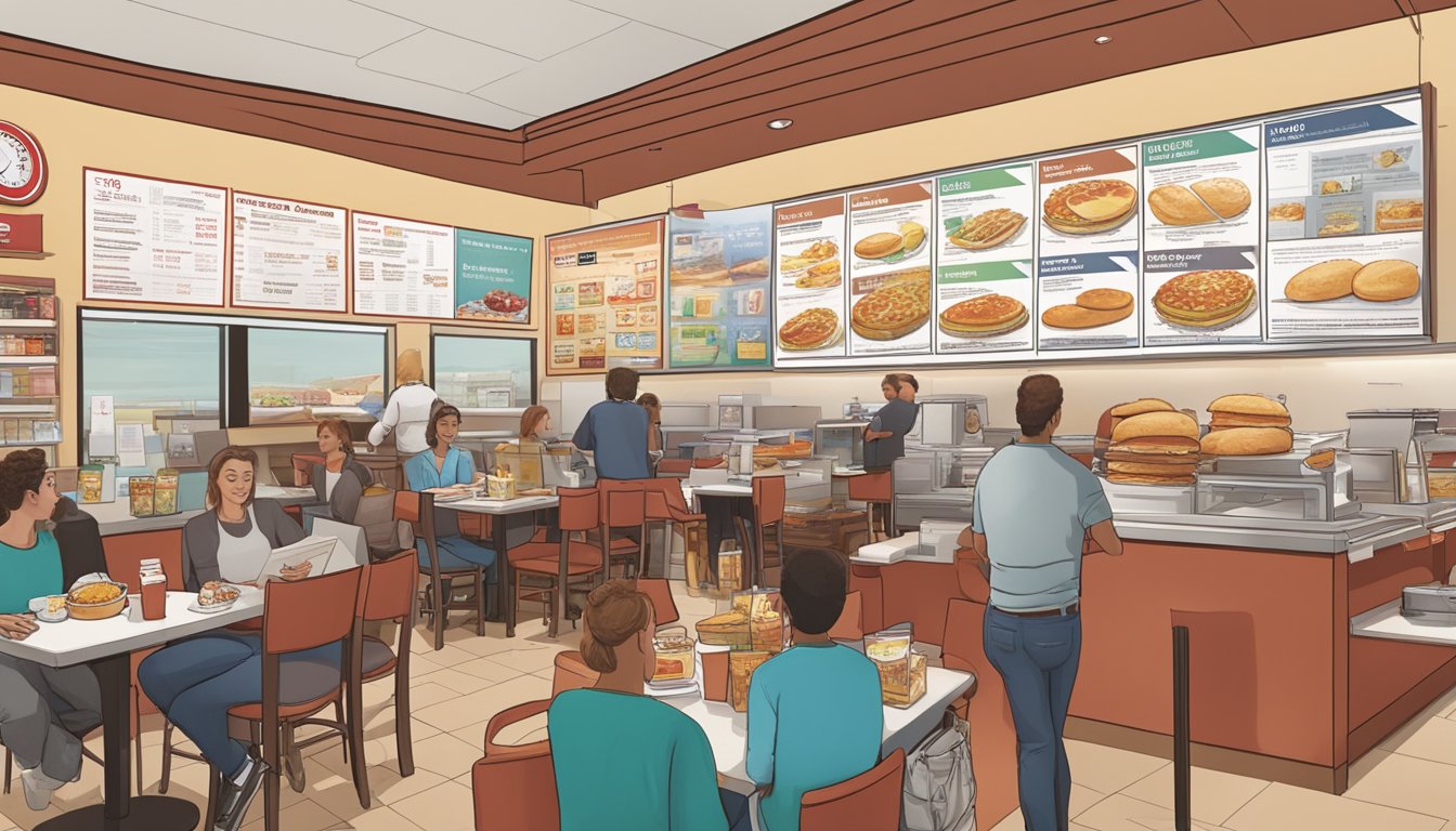 A bustling Wendy's restaurant with a display of breakfast menu items and a chart showing the economics of the breakfast launch