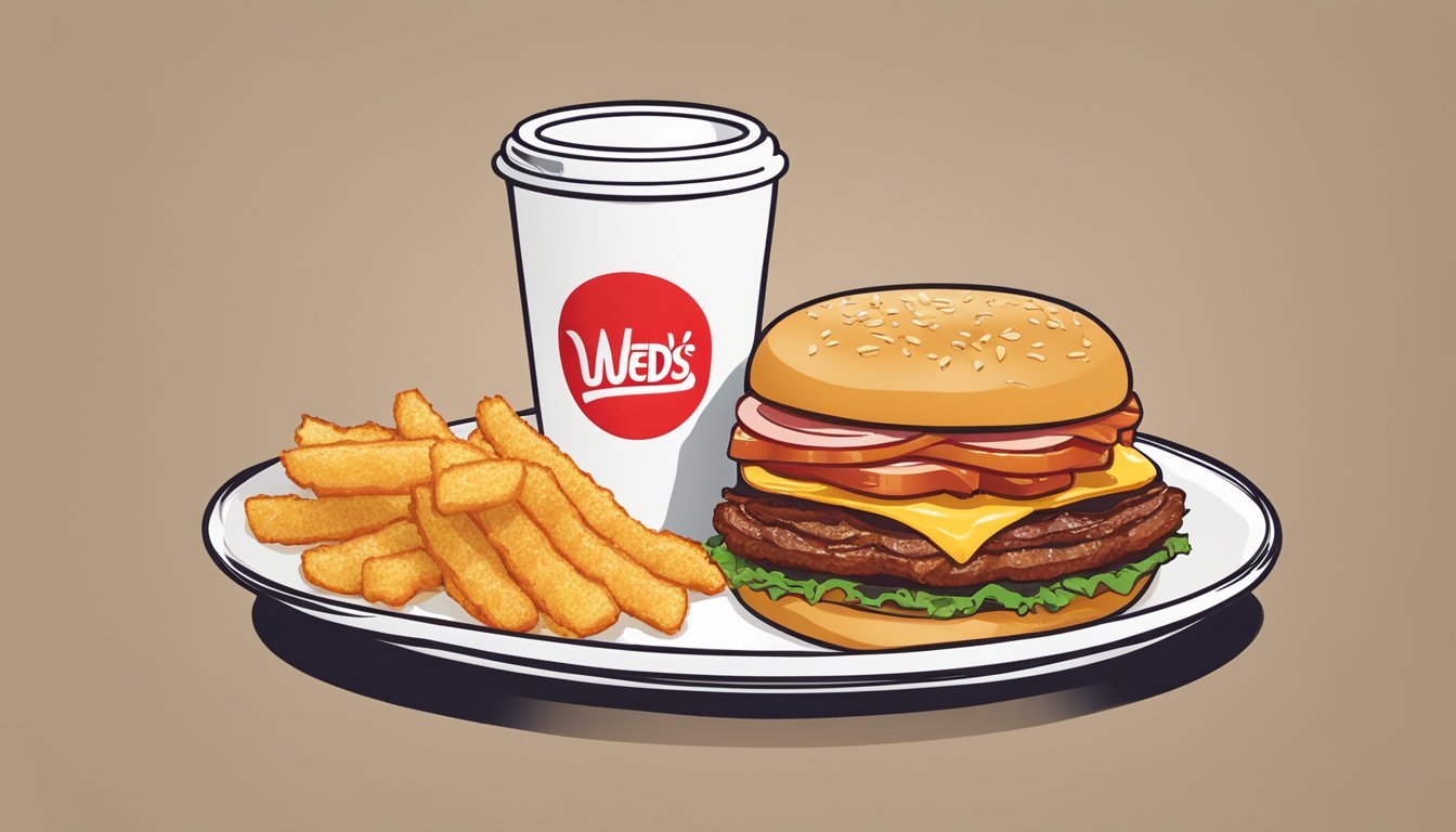 A sizzling Breakfast Baconator sits on a plate surrounded by golden hash browns and a steaming cup of coffee, with the Wendy's logo in the background